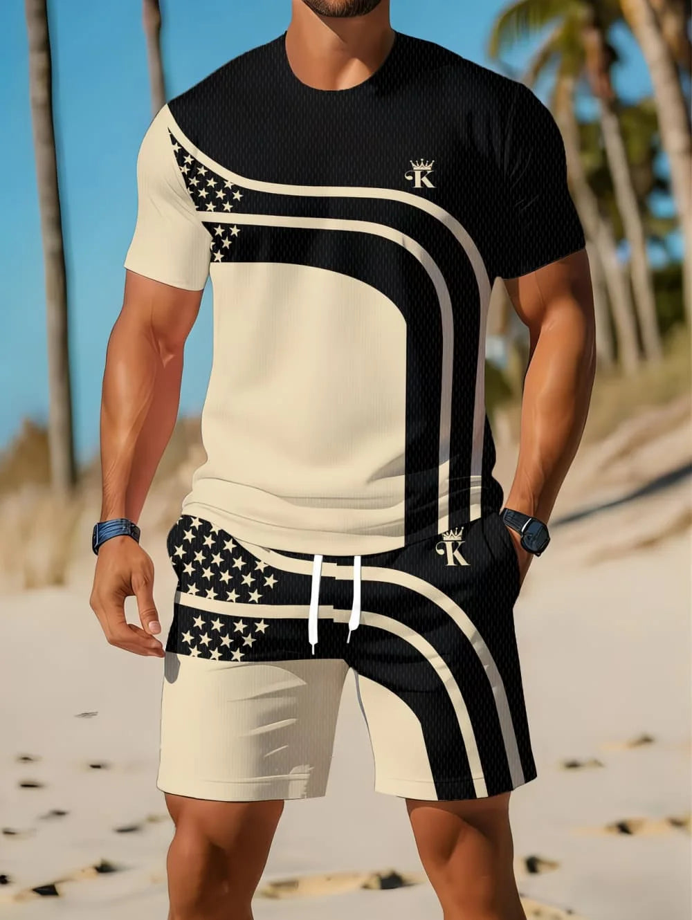 Nouvel Arrivage Été 2026 – Ensemble Décontracté Homme Deux Pièces : Chemise Rayée Imprimée 3D à Manches Courtes et Short de Sport – Ensemble de Fitness pour Homme MAEJORKEN
