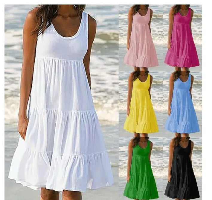Grande taille femmes casual O cou sans manches volants Mini robe Boho solide plage robe d'été surdimensionné robe ample 2025 été MAEJORKEN