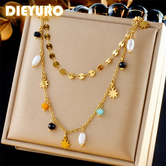 DIEYURO-Collier de pentacle de perles géométriques en acier inoxydable, pendentif étoile, bijoux de cou, cadeaux délicats, document en or, nouvelle mode, SION L MAEJORKEN