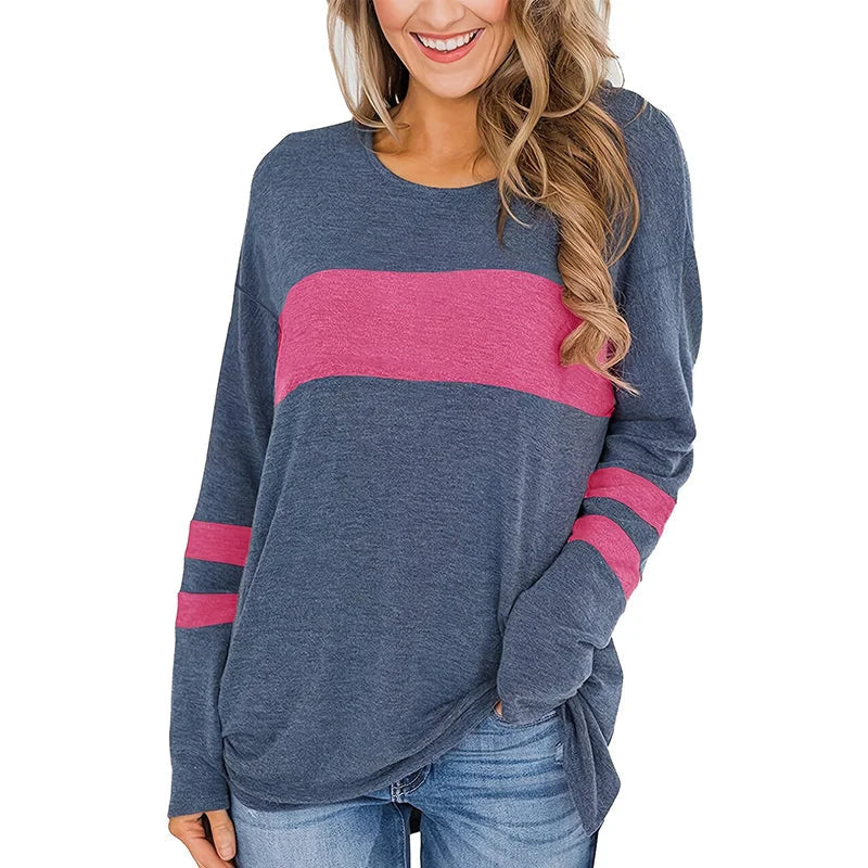 T-shirt tunique imprimé à rayures color block grande taille pour femme avec manches longues et légèrement extensible - Décontracté et confortable MAEJORKEN