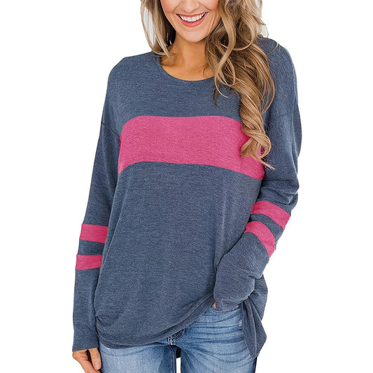 T-shirt tunique imprimé à rayures color block grande taille pour femme avec manches longues et légèrement extensible - Décontracté et confortable MAEJORKEN