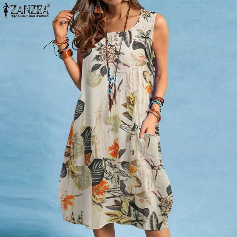 ZANZEA bohème Robe de plage été Vintage imprimé fleuri Robe d'été femmes sans manches genou longueur Robe vacances robes Sarafans MAEJORKEN