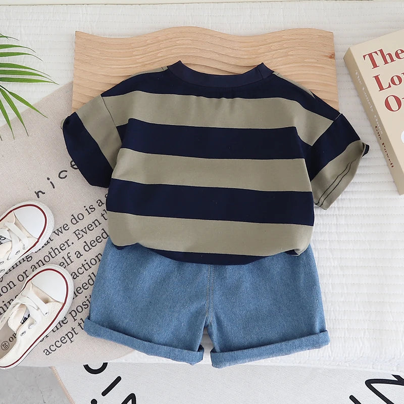 Ensemble de vêtements d'été pour bébé garçon de 0 à 5 ans, couleur unie, rayé, décontracté, manches courtes + beau short à la mode, deux p MAEJORKEN