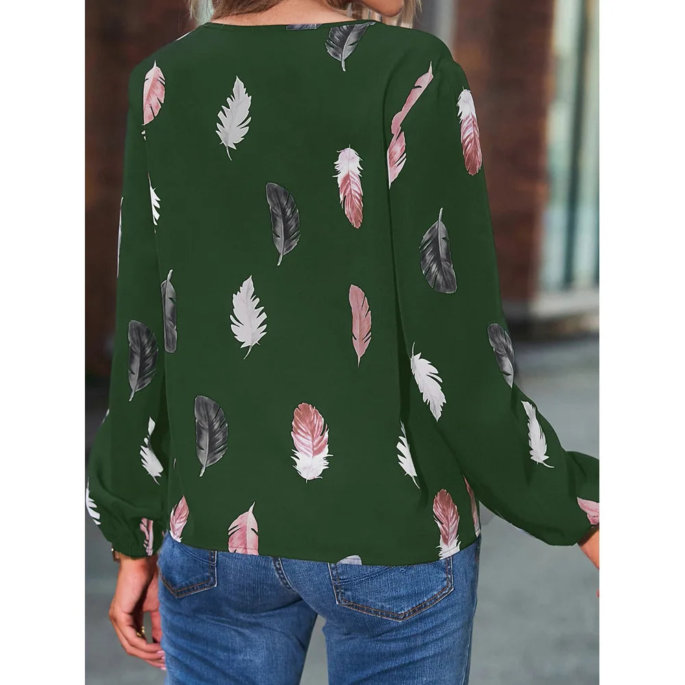 Chemisier femmes haut élégant à manches longues motif de plumes élégant en mousseline de soie du S au 3XL MAEJORKEN