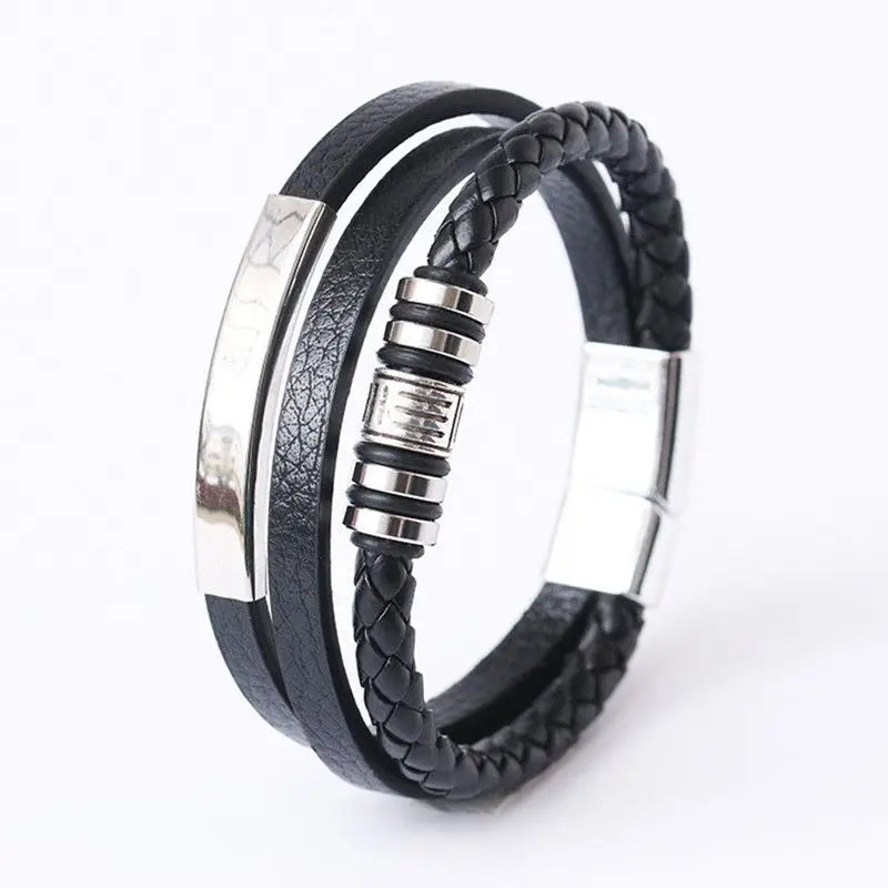 Bracelets en cuir tendance pour hommes, en acier inoxydable, corde tressée multicouche de 21CM, bijoux cadeaux MAEJORKEN