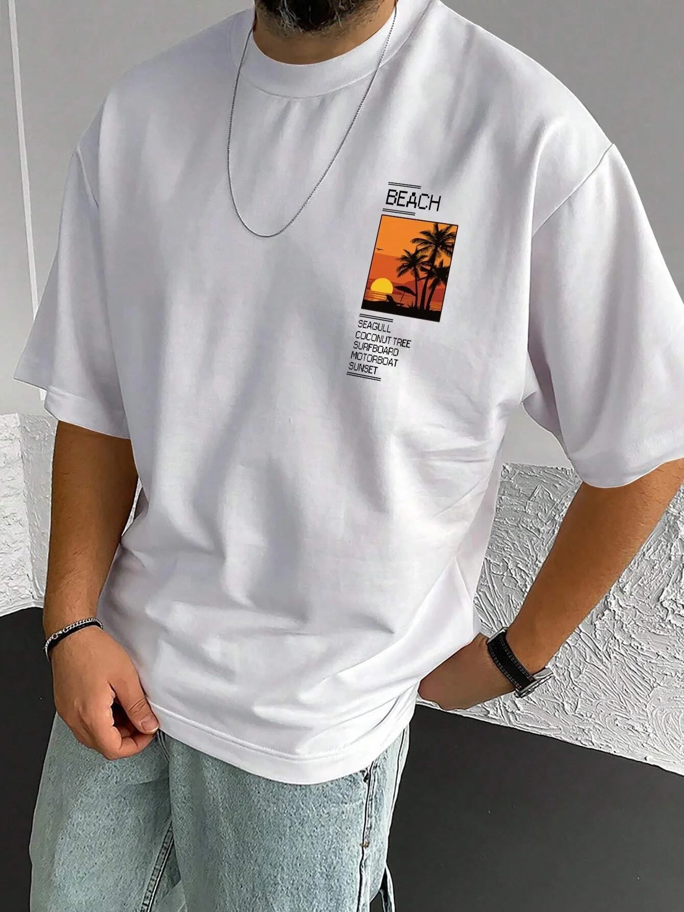 T-shirt manches courtes col rond homme, ample, 100% coton, été, imprimé graphique cocotier et salon, coupe cintrée, sport décontracté MAEJORKEN