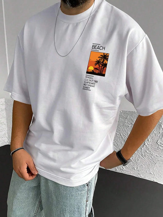 T-shirt manches courtes col rond homme, ample, 100% coton, été, imprimé graphique cocotier et salon, coupe cintrée, sport décontracté MAEJORKEN