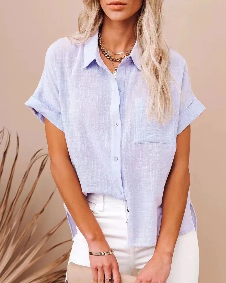 Chemise d'été élégants en coton et lin pour femmes, manches courtes, revers boutonné du S au 2XL MAEJORKEN