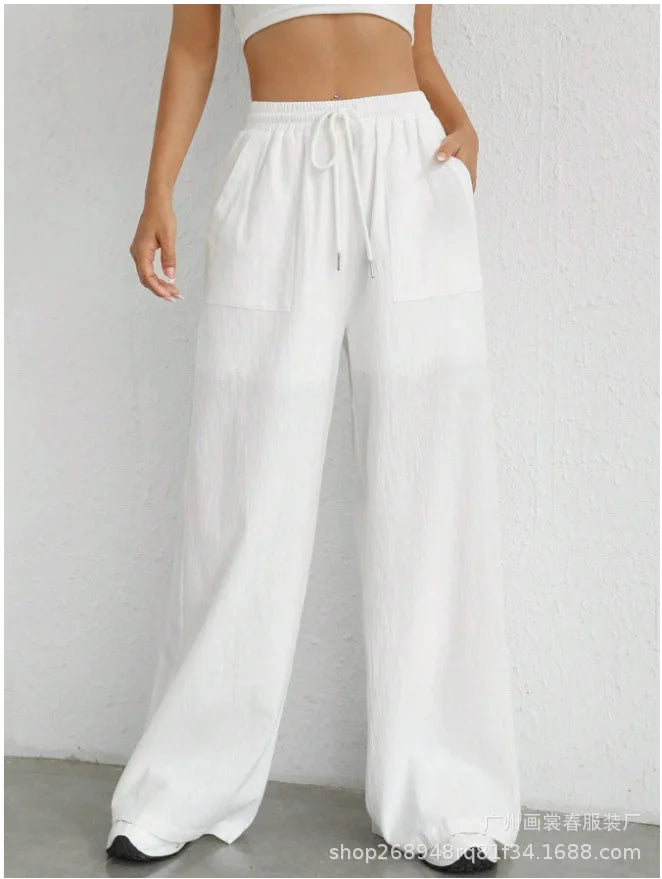 Pantalon décontracté à jambes larges couleur unie du S au XL