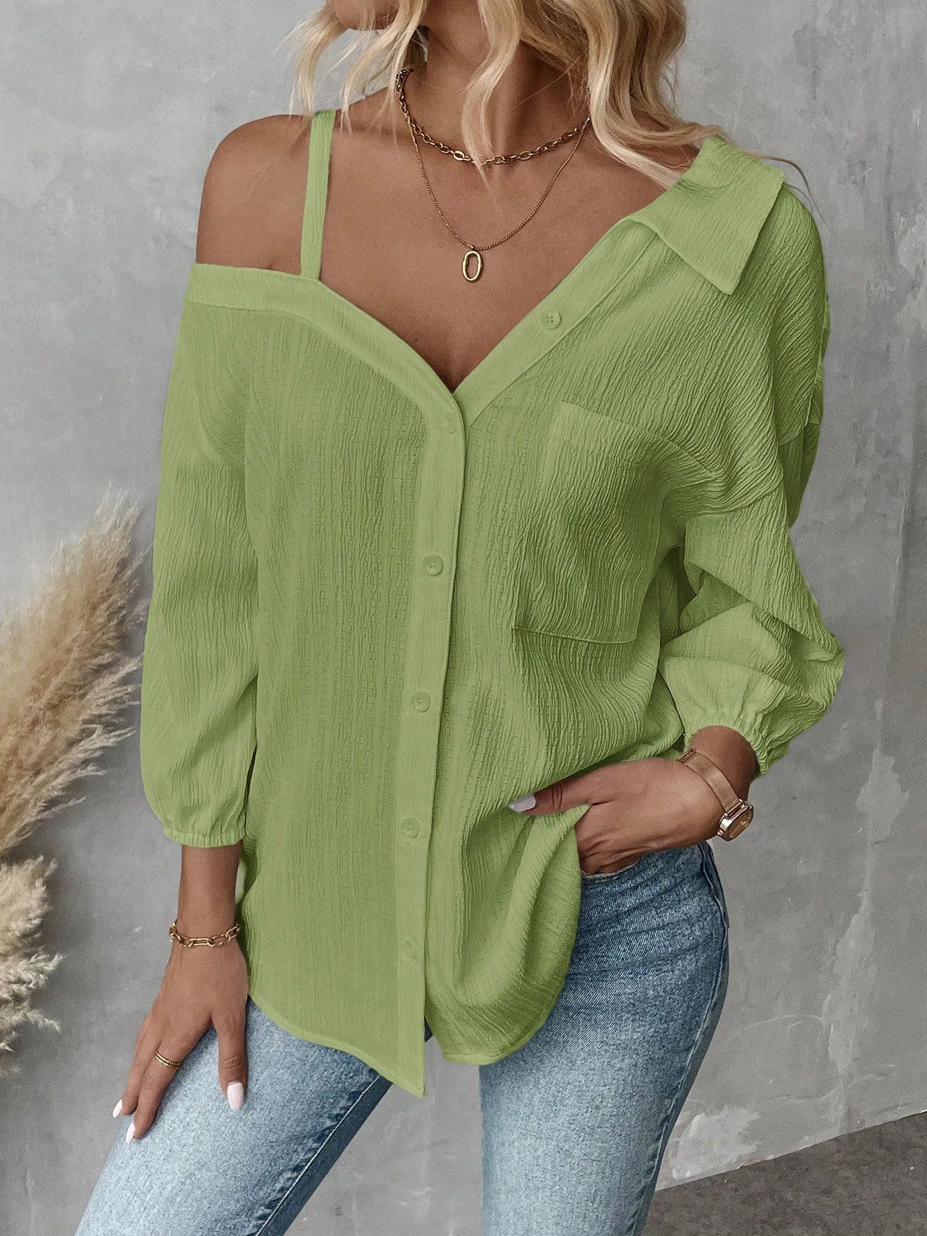 Chemise élégante pour femmes, épaules dénudées, trois quarts, chemisier sexy, décontracté, boutons unis, chemise ample, hauts de bureau pour femmes, streetwear, tuniques du S au XL MAEJORKEN