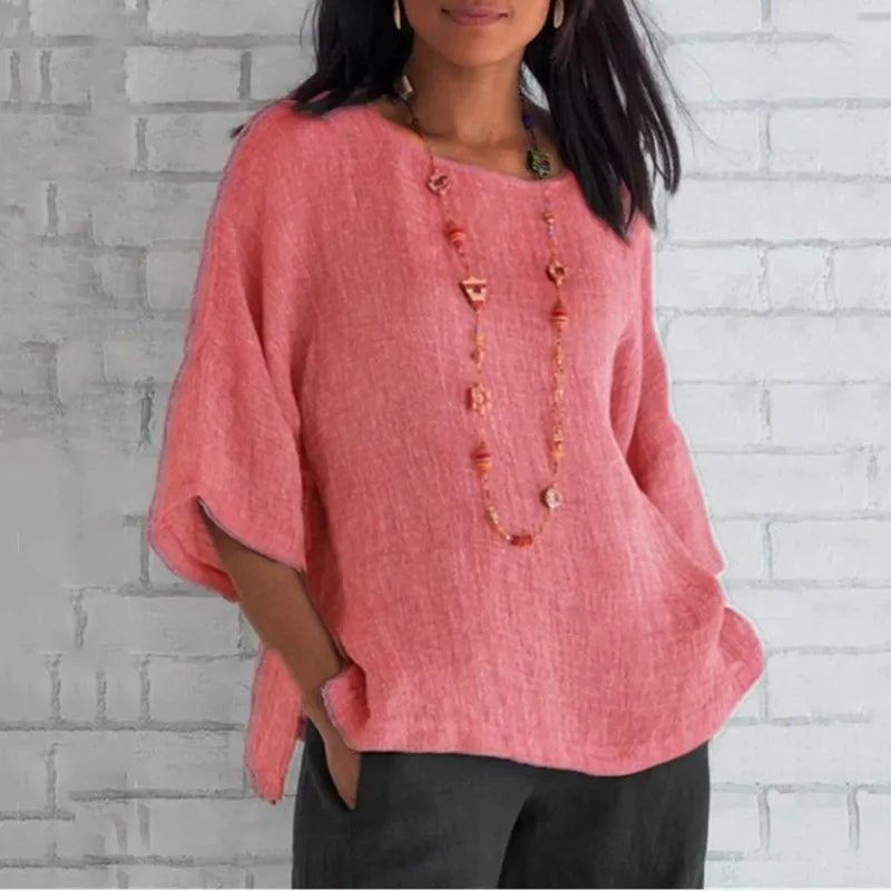 Chemisier en coton chemises d'été col rond trois quarts ample blouse décontractée hauts vêtements d'été pour les femmes Streetwear MAEJORKEN