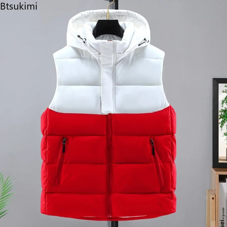 2025 hommes hiver épaissir vers le bas coton gilet épissure sans manches Parka veste décontracté coupe-vent chaud gilet hommes fermeture éclair vêtements d'extérieur à capuche MAEJORKEN