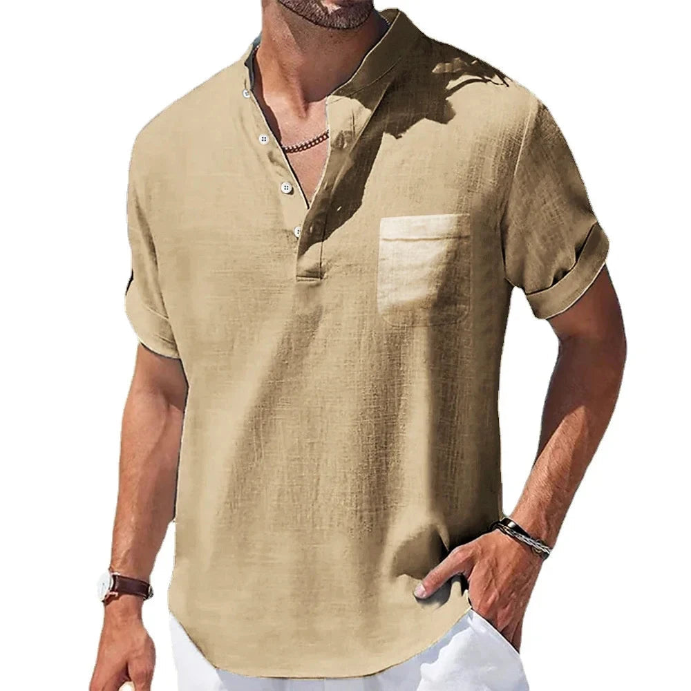 Nouveaux hommes à manches courtes respirant T-shirts été couleur unie chemises de poche de base pour hommes surdimensionné demi bouton lin Streetwear MAEJORKEN