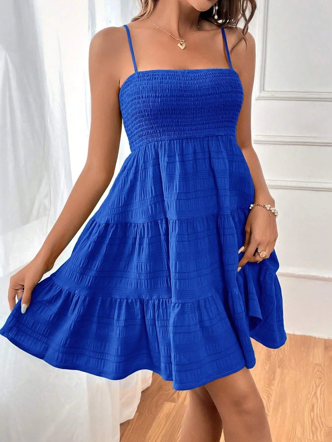 Mode femme Spaghetti sangle smocké Bustier Mini robe bleu à volants à plusieurs niveaux robe trapèze été décontracté vacances vêtements de plage du S au 2XL MAEJORKEN