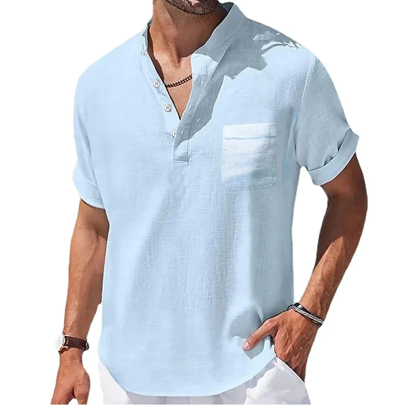 Nouveaux hommes à manches courtes respirant T-shirts été couleur unie chemises de poche de base pour hommes surdimensionné demi bouton lin Streetwear MAEJORKEN