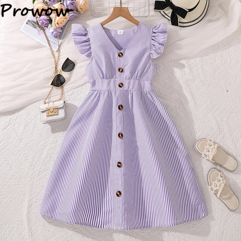 Fille robe d'été manches volantes rayures robe Patchwork couleur chemise robe pour filles décontracté adolescent filles vêtements enfants robes MAEJORKEN