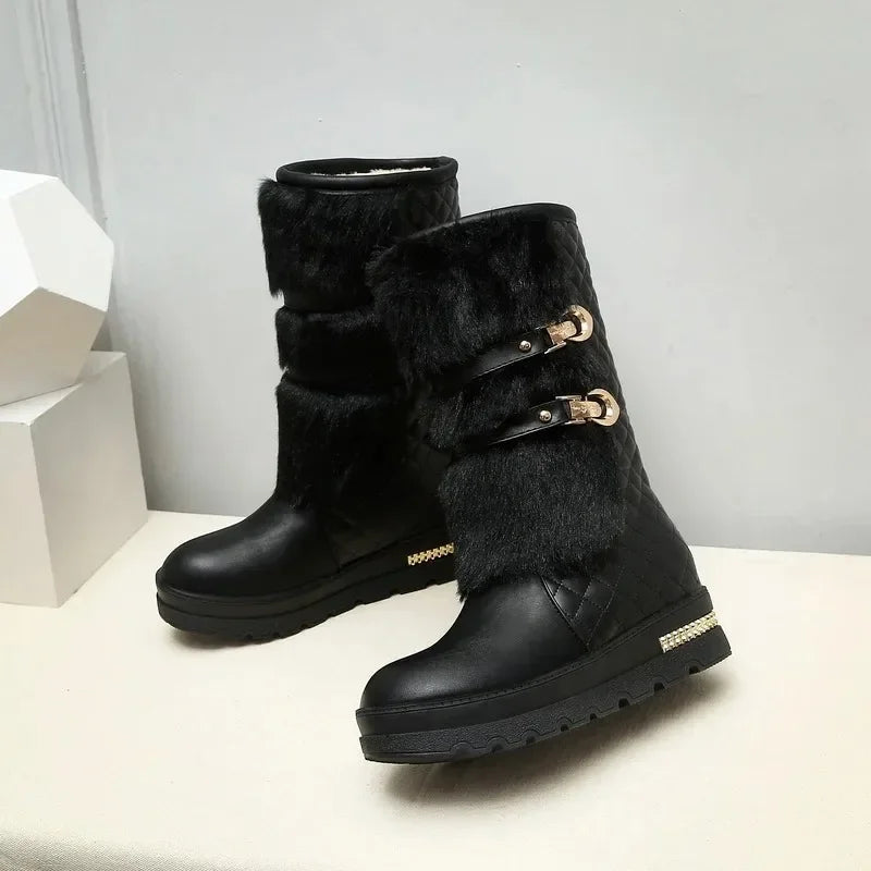 Bottes de neige à fond plat pour femmes, bottes en laine à tube moyen suréWer, chaussures en coton avec grande ceinture, bottes en velours pour femmes, hiver MAEJORKEN