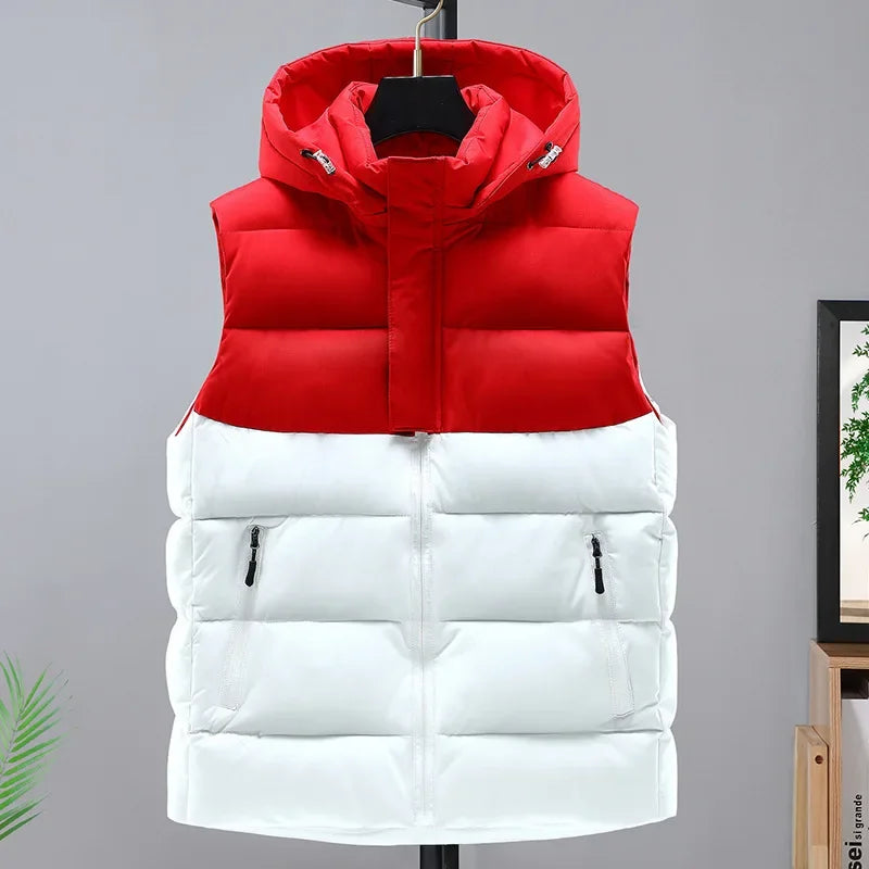 2025 hommes hiver épaissir vers le bas coton gilet épissure sans manches Parka veste décontracté coupe-vent chaud gilet hommes fermeture éclair vêtements d'extérieur à capuche MAEJORKEN