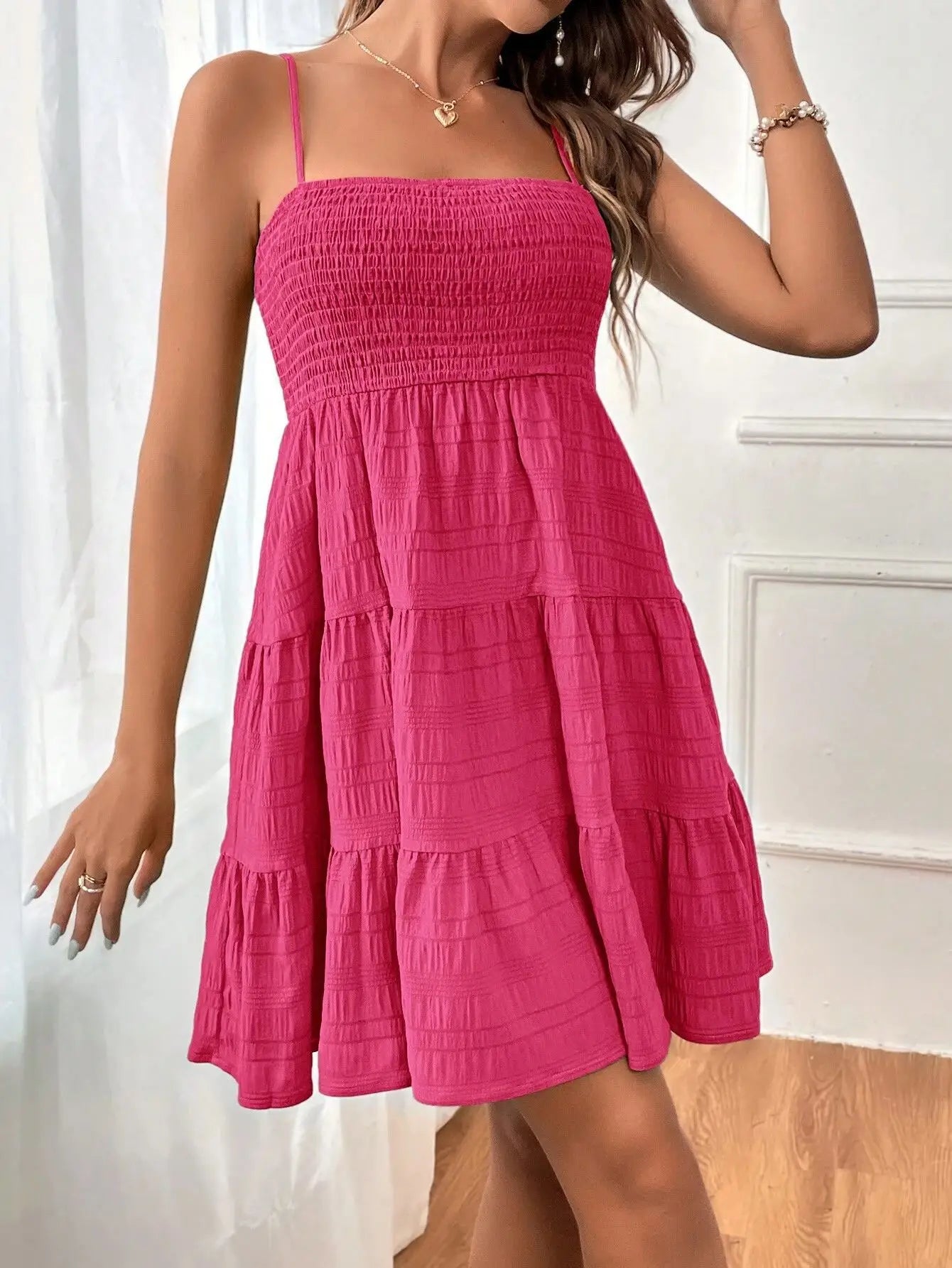 Mode femme Spaghetti sangle smocké Bustier Mini robe bleu à volants à plusieurs niveaux robe trapèze été décontracté vacances vêtements de plage du S au 2XL MAEJORKEN