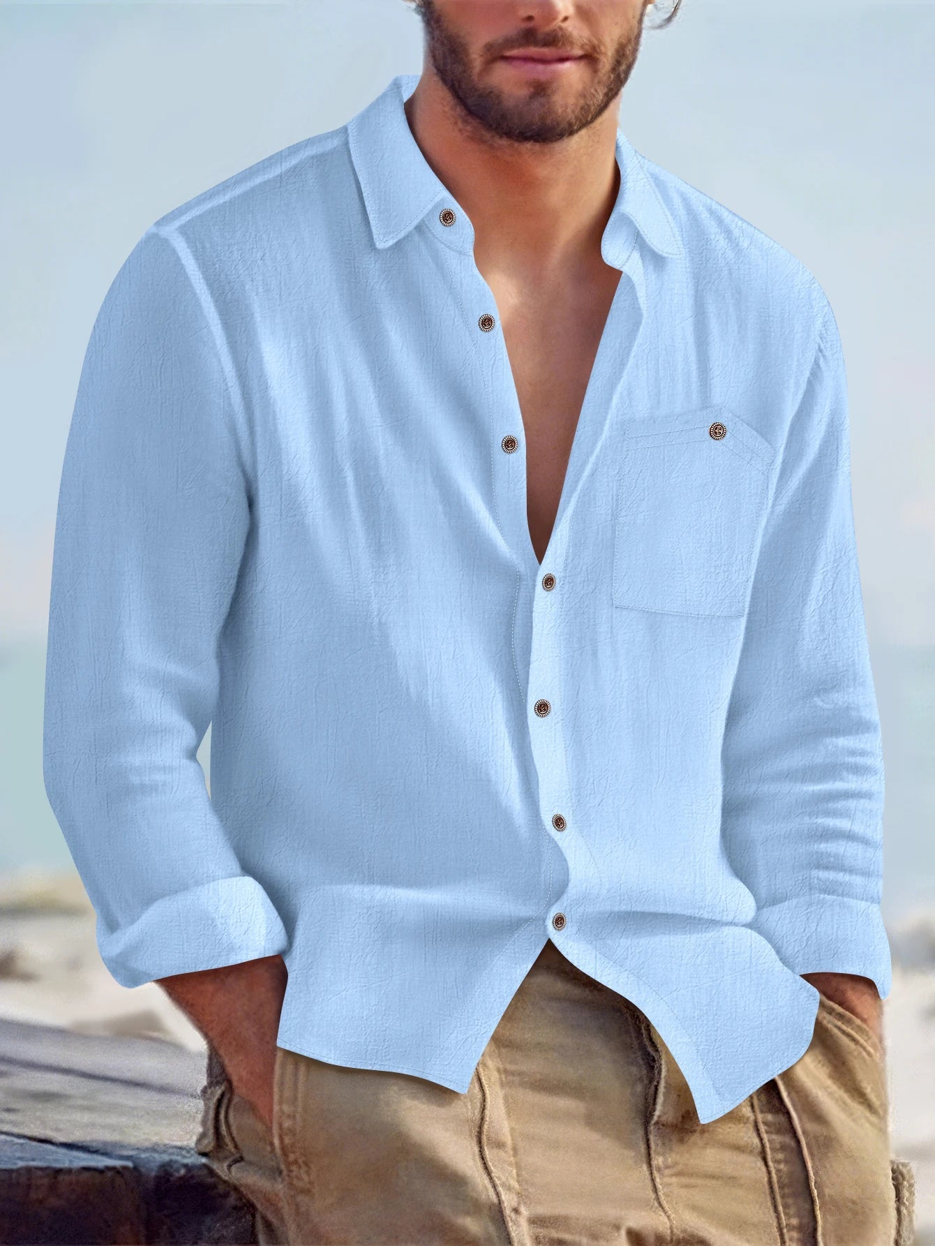 Chemise à manches longues en coton et lin pour hommes du S au 3XL MAEJORKEN