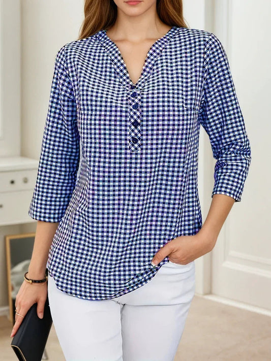 Grande taille printemps automne femmes Fine Plaid mode à manches longues col en v Blouse coupe ajustée tempérament haut ventre couvrant petites chemises MAEJORKEN