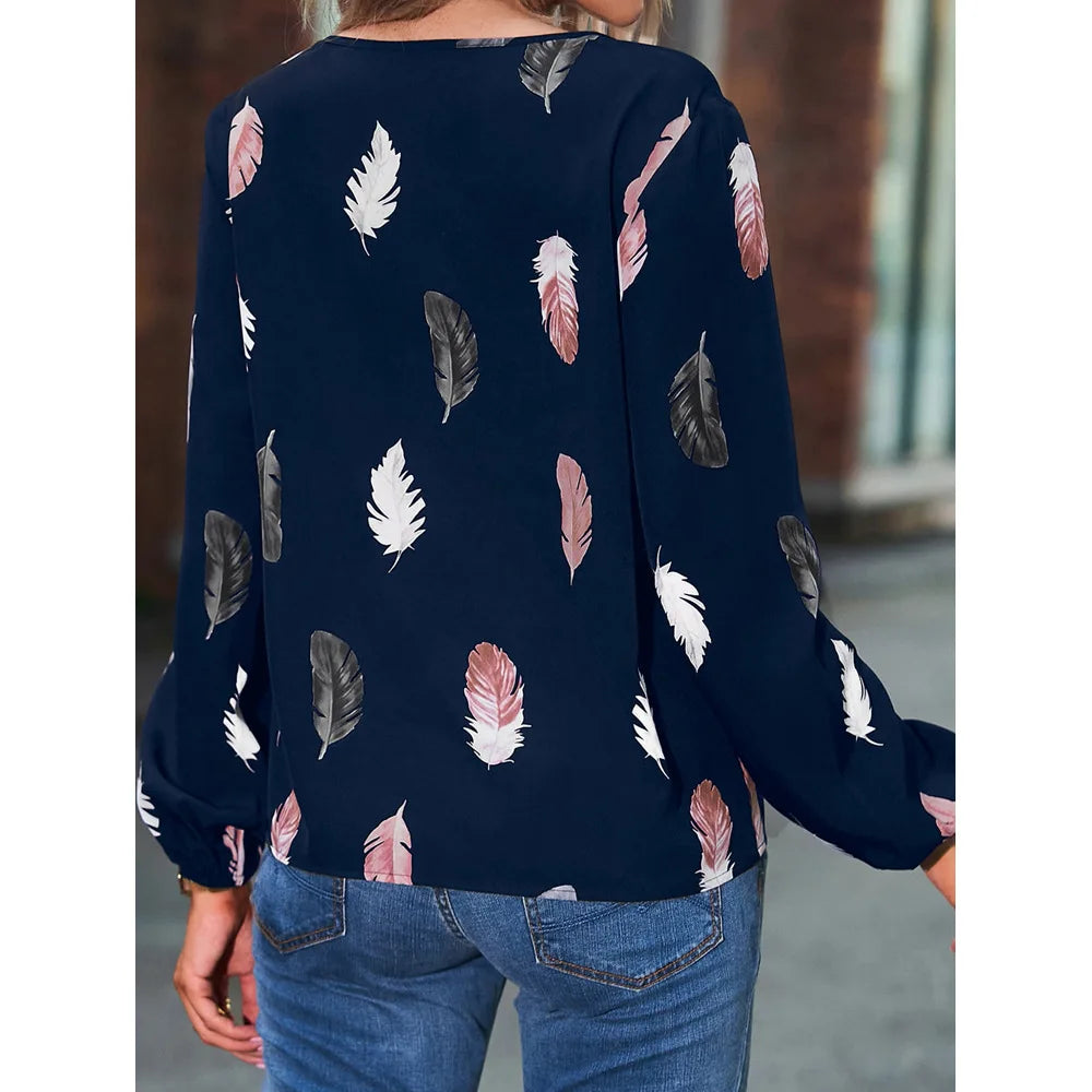 Chemisier femmes haut élégant à manches longues motif de plumes élégant en mousseline de soie du S au 3XL MAEJORKEN