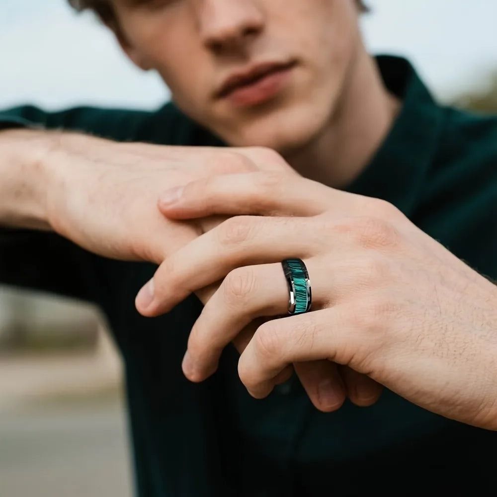 Bagues en acier inoxydable pour hommes, Imitation de pierre de paon, incrustation de 8MM, couleur argent, bijoux de mariage pour hommes, vente en gros MAEJORKEN