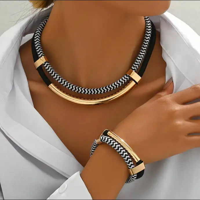 Ensemble de 2 pièces, nouvelle mode, noir et blanc, Double ligne épaisse, Tube métallique, collier et Bracelet de Style Hip-Hop exagéré, pour un usage quotidien MAEJORKEN