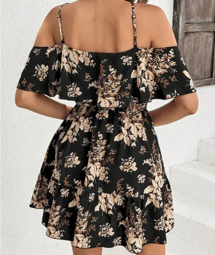 Mini robe imprimée élégante à col licou pour femmes, jupe plissée à taille avec nœud, manches courtes, col en v, à la mode MAEJORKEN