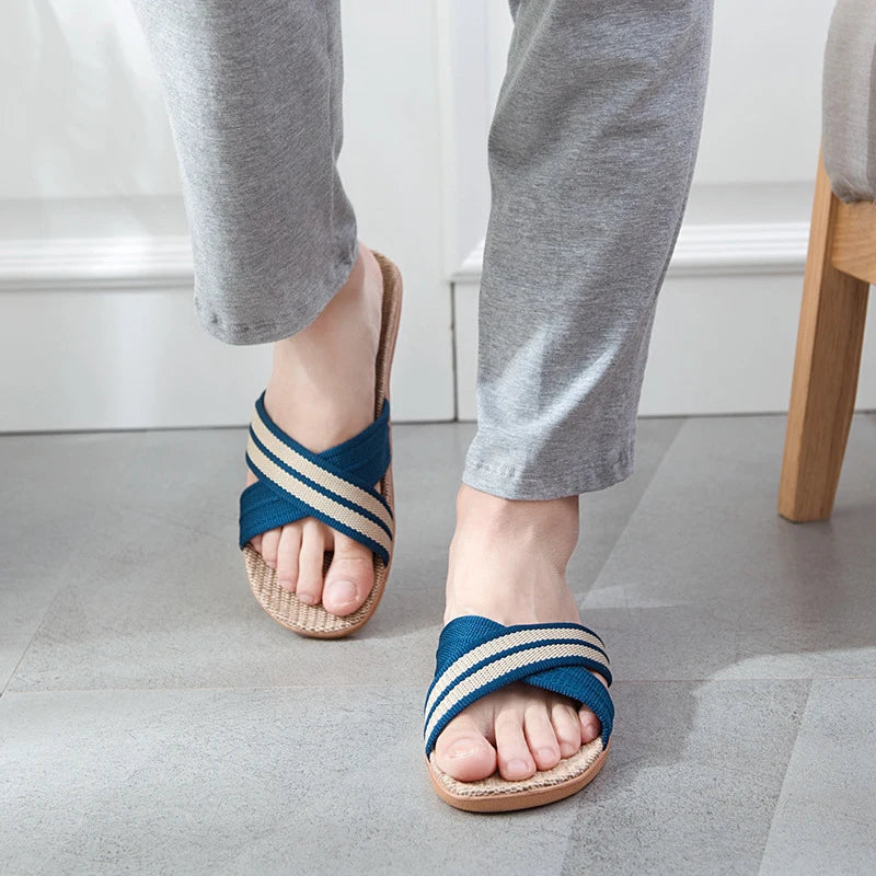 Hommes chaussures pantoufles lin maison intérieure bout ouvert chaussure plate plage pantoufles rayé épissé en caoutchouc sandales Zapatillas Hombre MAEJORKEN