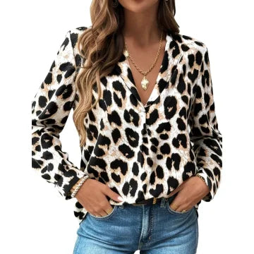 Chemisier chic léopard à col en V pour femme, en satin doux, coupe ample, style décontracté, idéal pour la Saint-Valentin, printemps-été, en denim, léger et tendance pour le quotidien MAEJORKEN