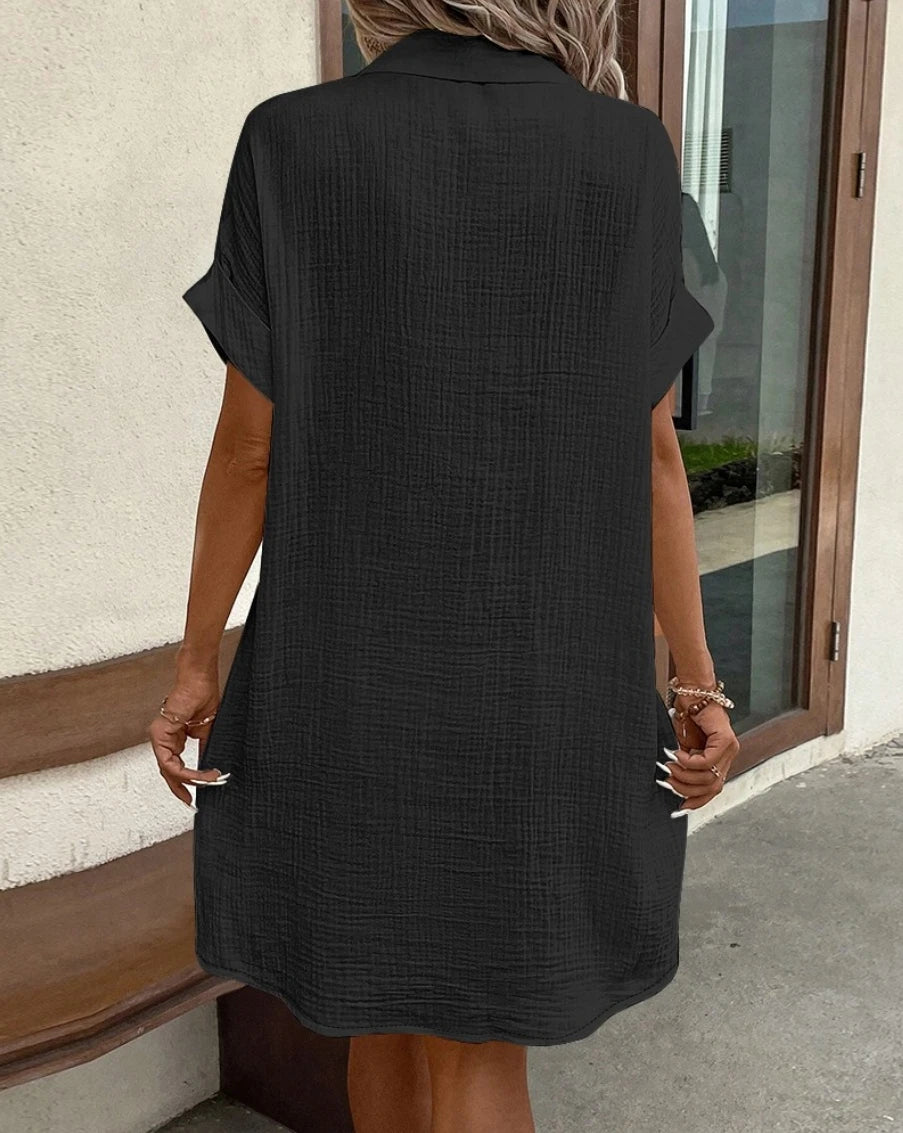 Mini robe Vintage en coton et lin pour femmes, couleur unie, mode d'été, col en v, manches trois quarts, décontractée, vacances MAEJORKEN