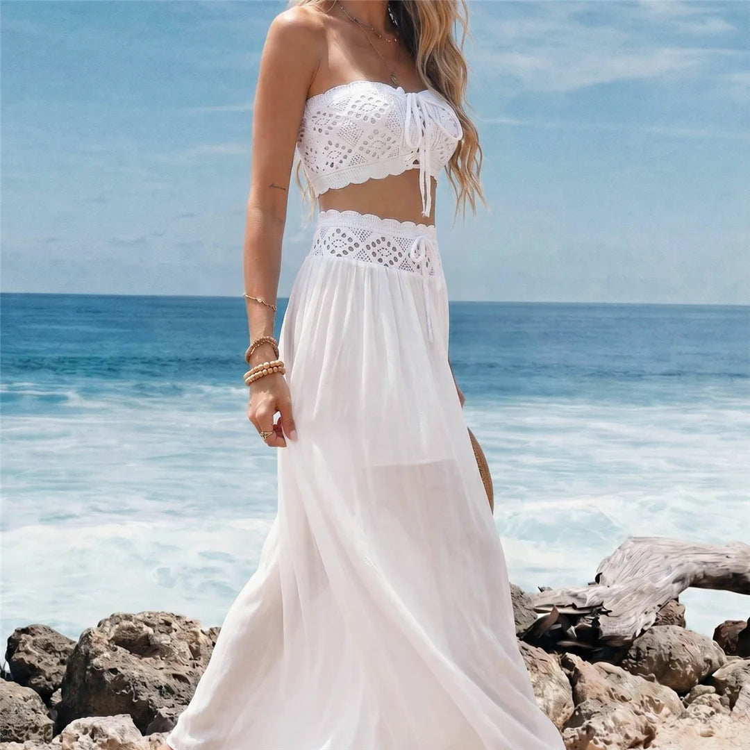 Robe de plage cache-maillot S-XL pour femme, ensemble 2 pièces bandeau en crochet tricoté, tunique de plage V8218 MAEJORKEN
