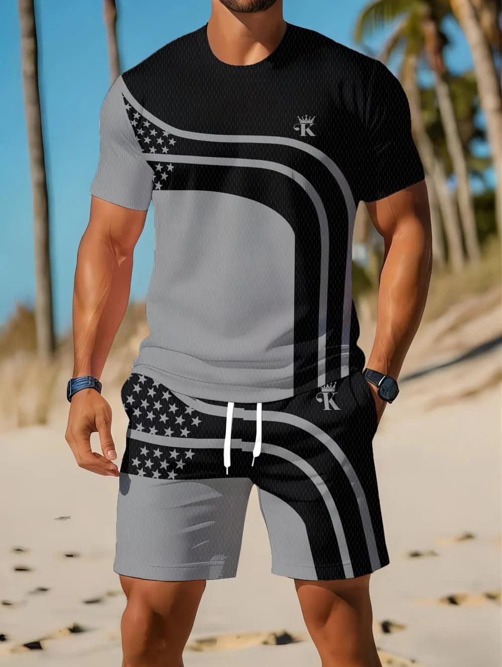 Nouvel Arrivage Été 2026 – Ensemble Décontracté Homme Deux Pièces : Chemise Rayée Imprimée 3D à Manches Courtes et Short de Sport – Ensemble de Fitness pour Homme MAEJORKEN