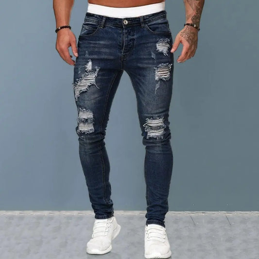 Jeans coupe ajustée déchiré plissé genou du M au 3XL