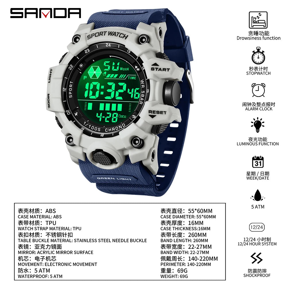 SANDA Sports de plein air hommes montre LED étanche analogique numérique spectacle multifonction grand cadran électronique montre-bracelet G style mâle Cloc MAEJORKEN