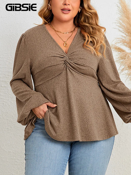 Haut péplum à col en V tunique vintage, manches lanterne du XL au 4XL