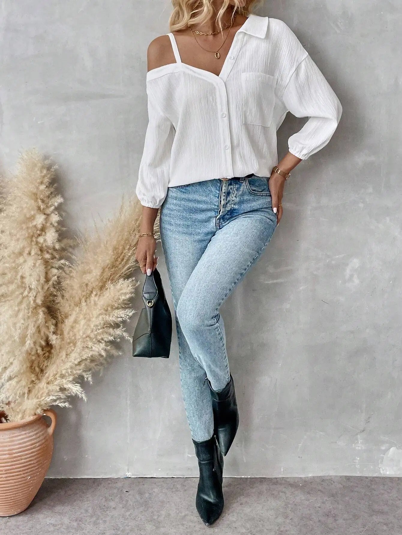 Chemise élégante pour femmes, épaules dénudées, trois quarts, chemisier sexy, décontracté, boutons unis, chemise ample, hauts de bureau pour femmes, streetwear, tuniques du S au XL MAEJORKEN