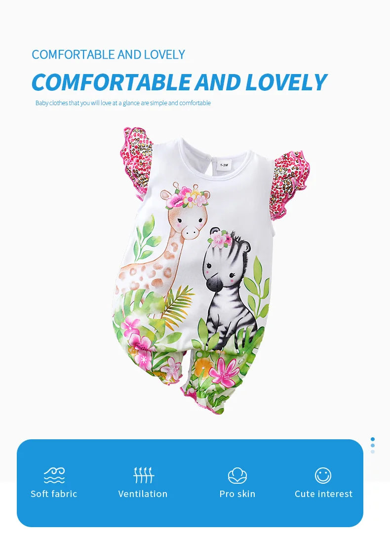 Vêtements pour nouveau-nés, imprimé cerf tacheté de dessin animé, confortable et doux, combinaison d'été à manches volantes pour bébé fille MAEJORKEN