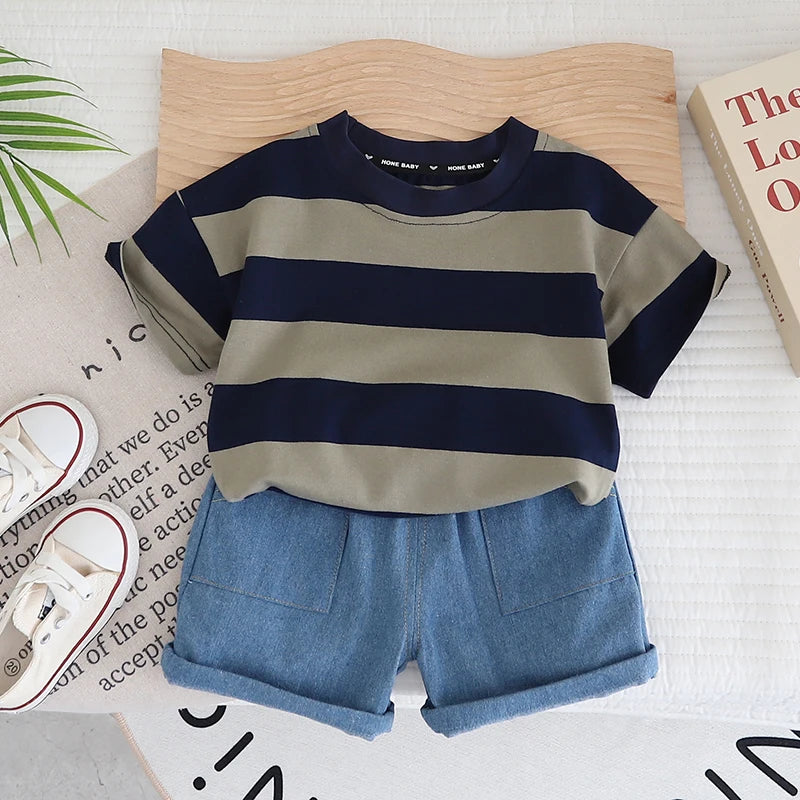 Ensemble de vêtements d'été pour bébé garçon de 0 à 5 ans, couleur unie, rayé, décontracté, manches courtes + beau short à la mode, deux p MAEJORKEN