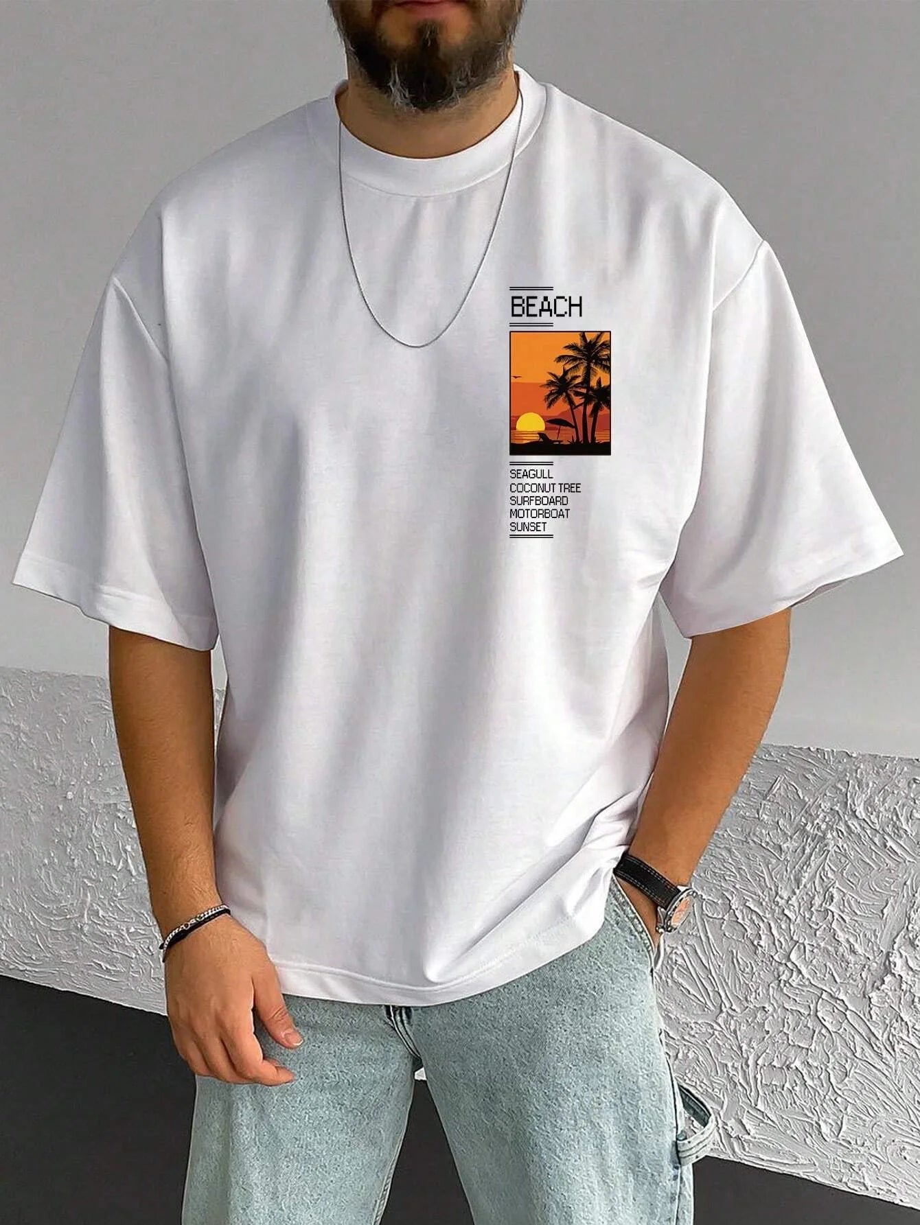 T-shirt manches courtes col rond homme, ample, 100% coton, été, imprimé graphique cocotier et salon, coupe cintrée, sport décontracté MAEJORKEN