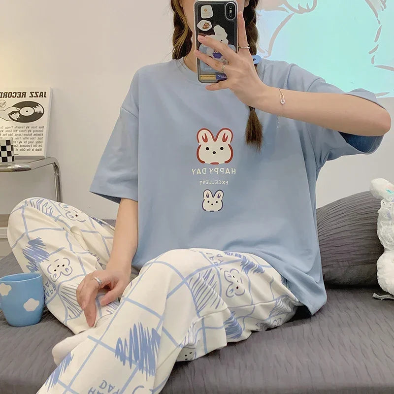 Pyjama doux en coton à manches courtes et pantalon imprimé du M au 3XL