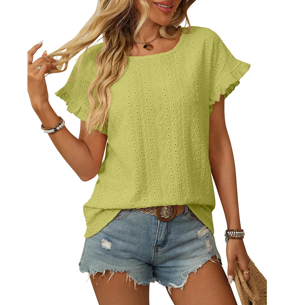 T-shirt à manches courtes et col rond pour femme, couleur unie, doux, ajouré du S au 2XL