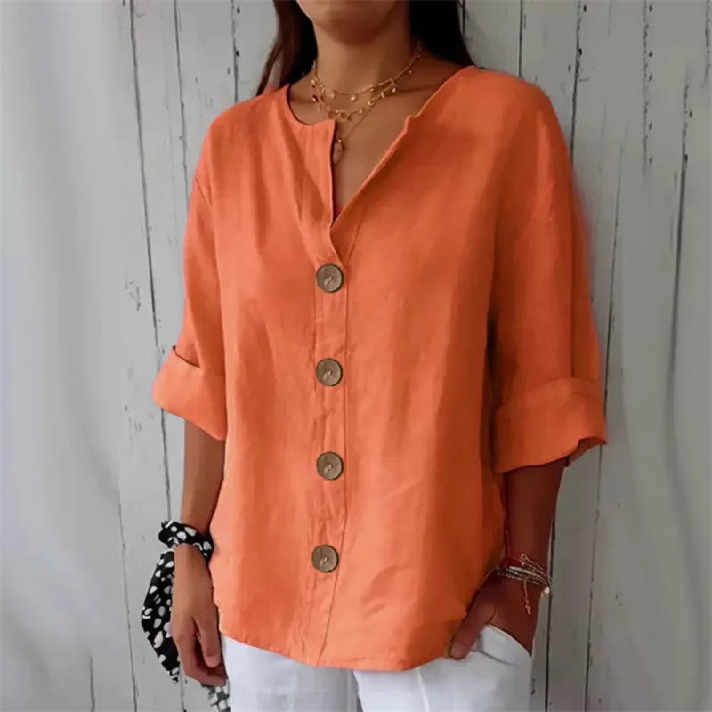 Chemise ample d'été pour femmes, col en v, coton et lin, boutons, chemises décontractées, couleur unie, mode élégante, vêtements de bureau pour femmes, chemisier 2025 MAEJORKEN
