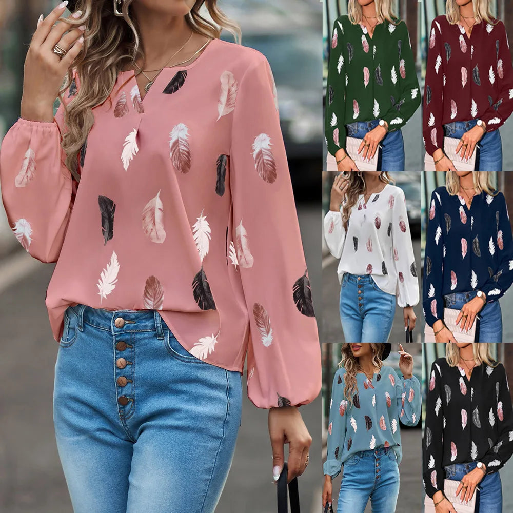 Mode femme Blouse chemises pour femmes haut élégant à manches longues motif de plumes femmes hauts élégant en mousseline de soie Mujer femme vêtements MAEJORKEN