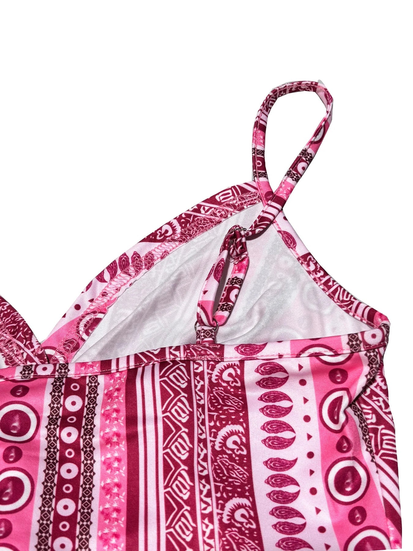 Haut camisole sexy à col en v pour femmes, imprimé chaîne devant torsadé dans le dos, en tissu polyester avec motif spaghetti MAEJORKEN