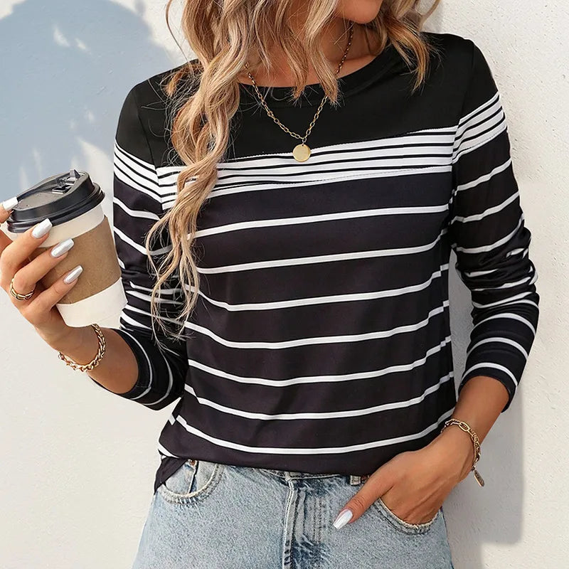 T-shirt Rayé à Manches sulfpour Femme, Décontracté, Européen et Américain, Automne 2024 MAEJORKEN