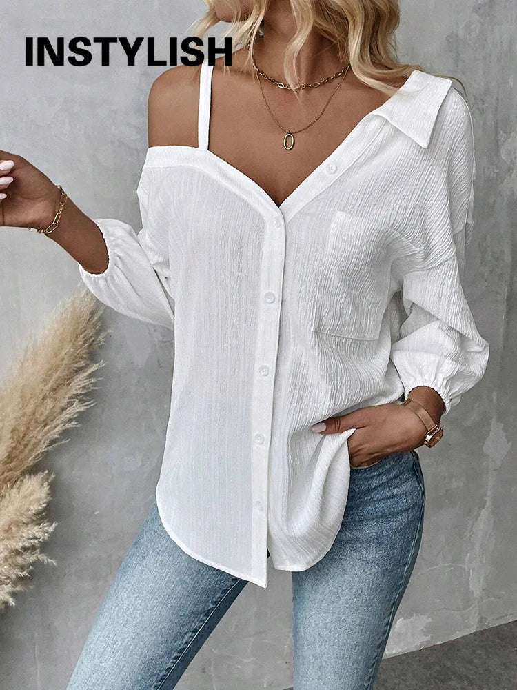 Chemise élégante pour femmes, épaules dénudées, trois quarts, chemisier sexy, décontracté, boutons unis, chemise ample, hauts de bureau pour femmes, streetwear, tuniques du S au XL MAEJORKEN
