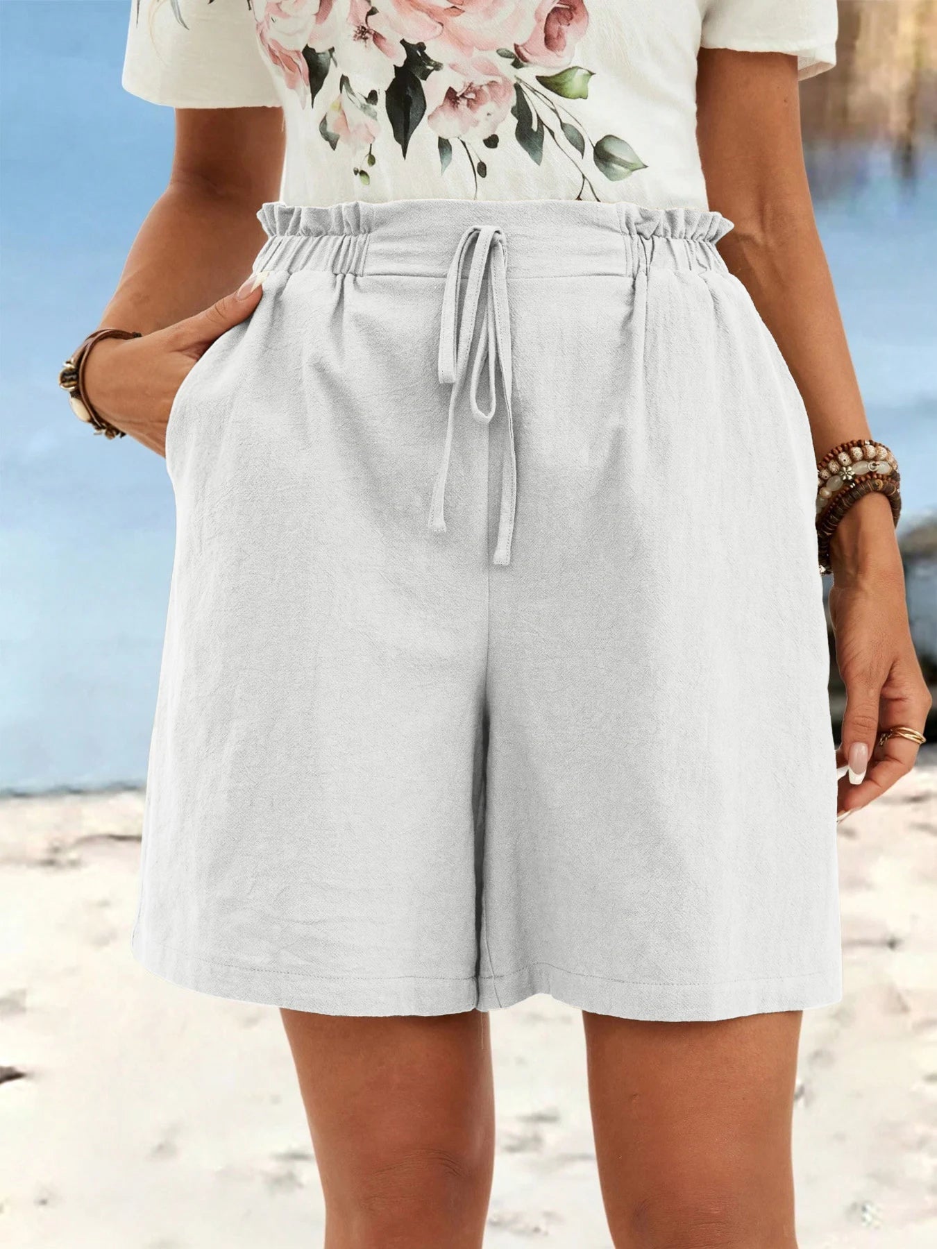 Short en lin de couleur unie pour femmes, short de sport décontracté, pantalon trois-quarts avec cordon de serrage, printemps et été MAEJORKEN