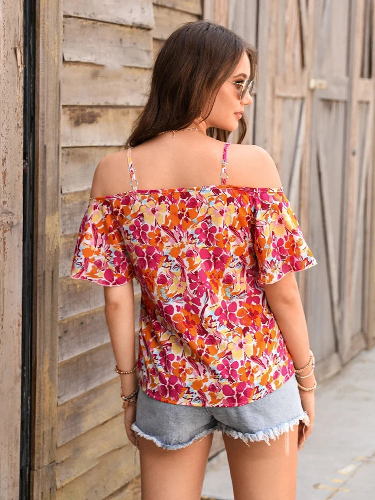 Haut Cami pour femme à imprimé floral, bretelles spaghetti, épaules dénudées, manches courtes, style bohème décontracté pour le printemps, l'été, la plage et les vacances MAEJORKEN